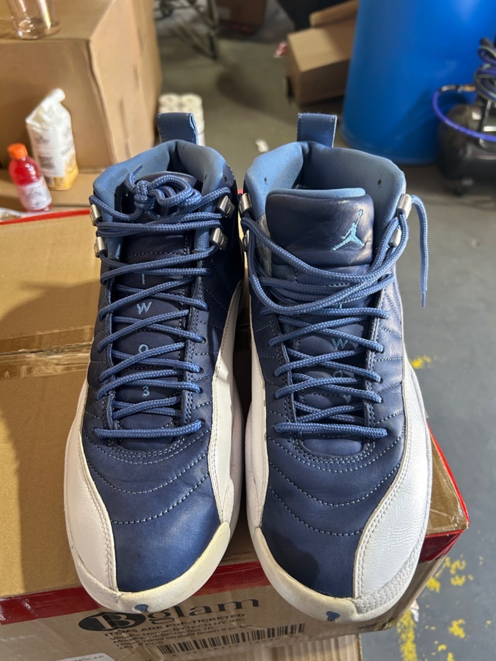Preowned Jordan Men’s Navy and White High-Top Sneakers - Size 10